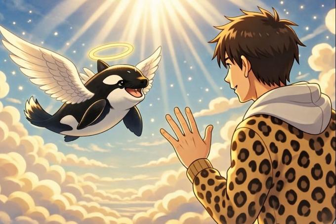 Katina soaring with majestic white wings above the clouds