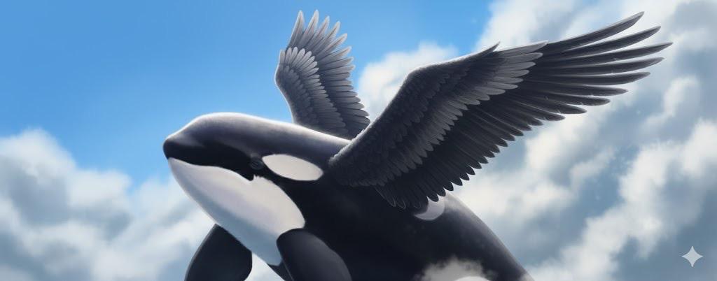 Katina with powerful dark wings against the vast sky